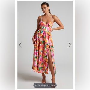Showpo Shariah midi dress, cross back dress with slit in bloom